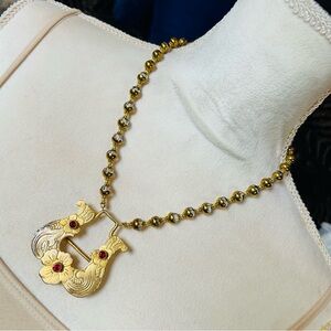 Handcrafted salvaged antique belt buckle pendant beaded necklace